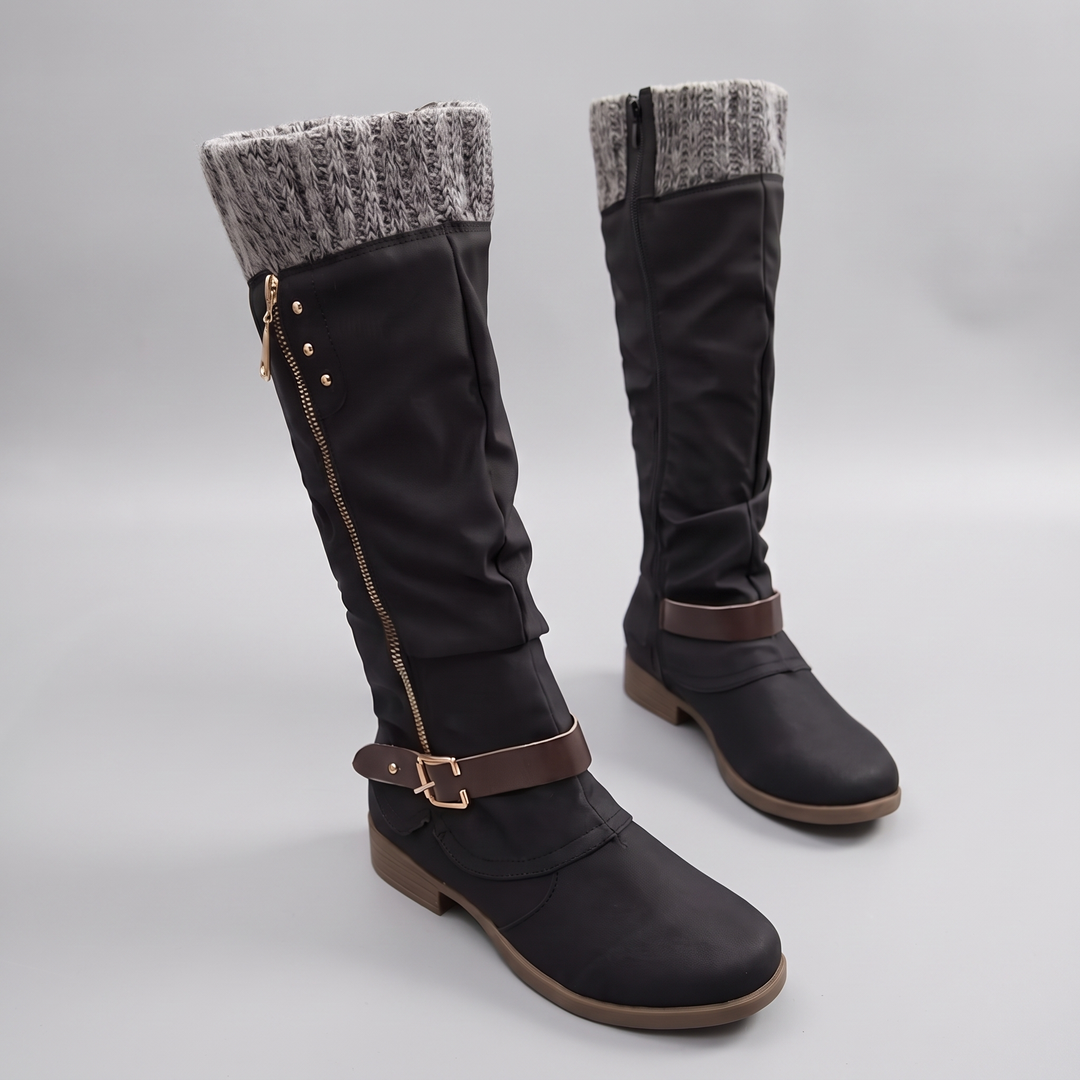 Women's Knit Cuff Knee High Boots - Black