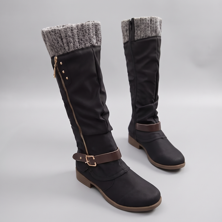 Women's Knit Cuff Knee High Boots - Black