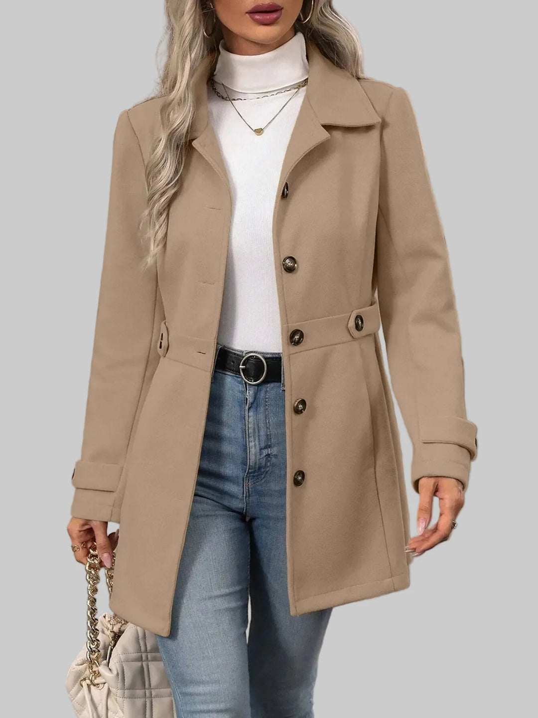 Tailored Button-Front Coat with Belted Waist