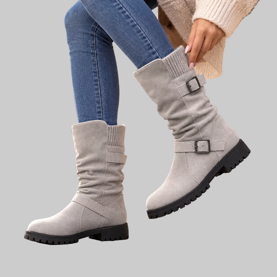 Slouch Mid-Calf Boots with Ribbed Knit Cuff and Treaded Sole