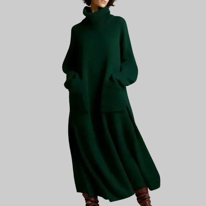 Women's Oversized Knitted Maxi Dress with Roll Neck and Patch Pockets