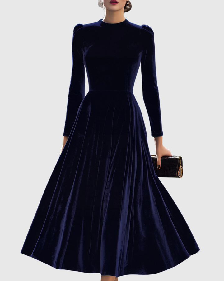 Women's Navy Velvet Long-Sleeve Midi Dress