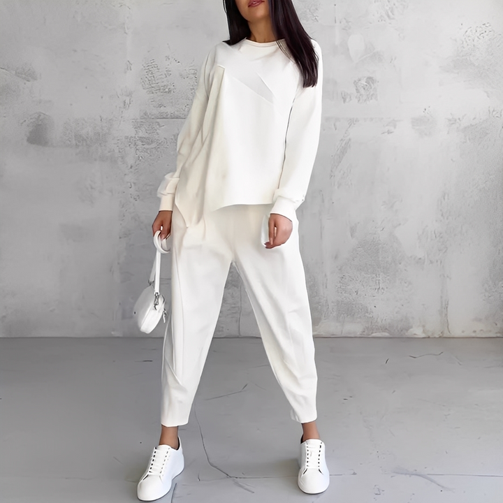 Women's Relaxed Crew-Neck Top and Tapered Trousers Set - White