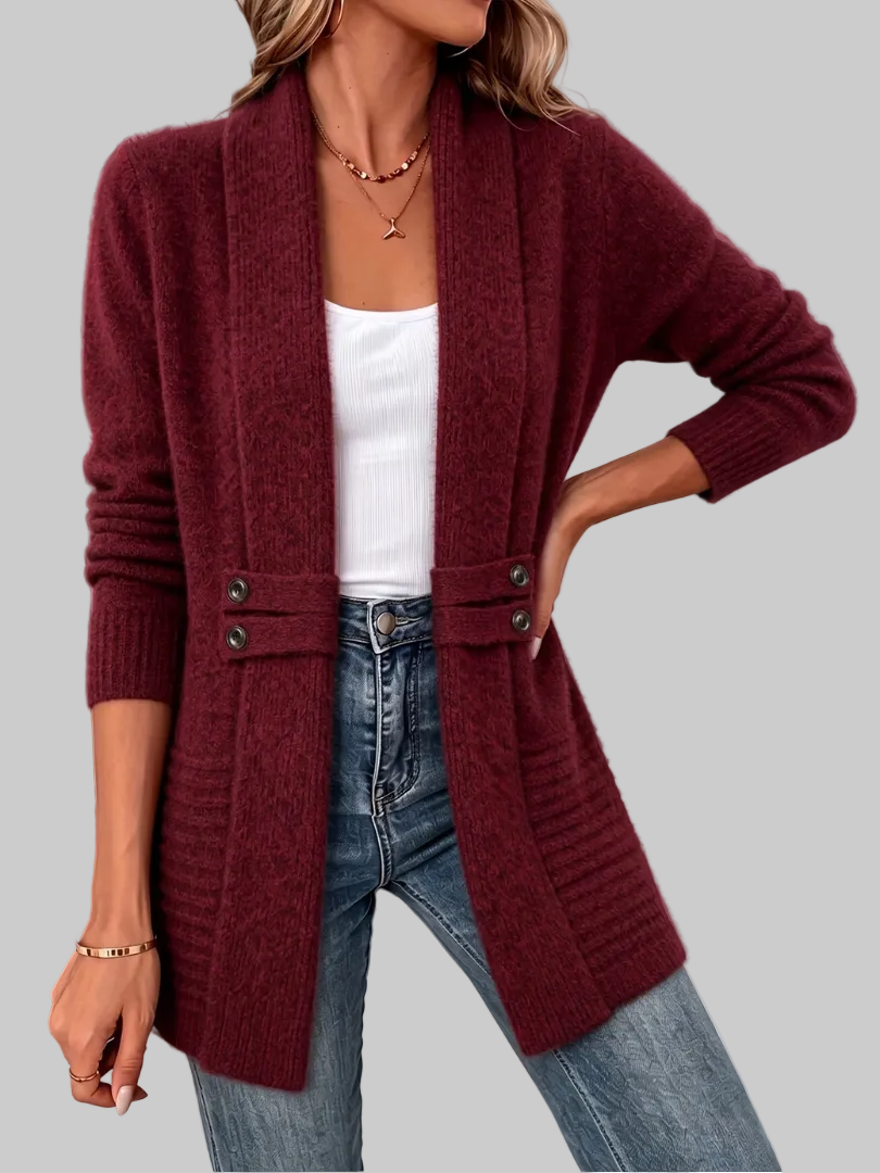 Open-Front Longline Knit Cardigan with Waist Button Detail