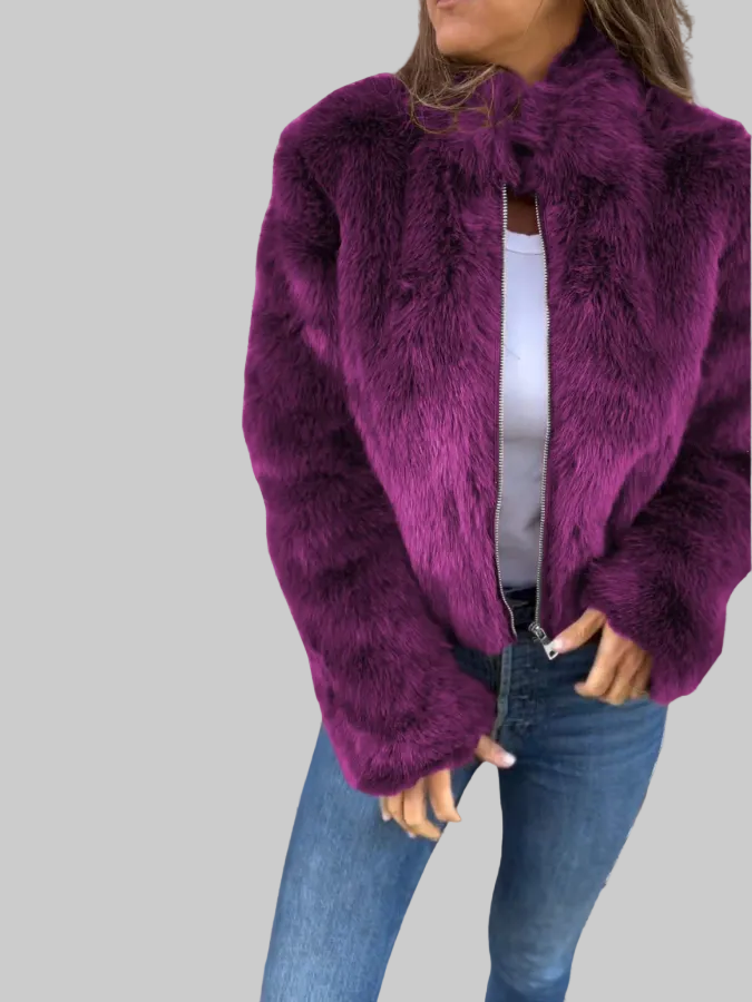 Cropped Plush Zip-Up Jacket with Stand Collar