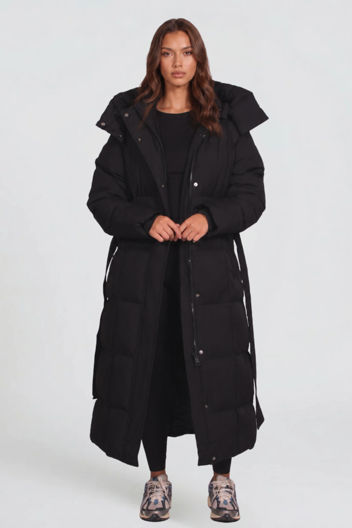 Women's Long Belted Hooded Puffer Coat - Black