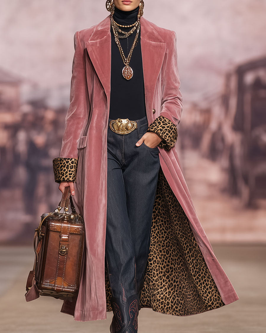 Women’s Long Tailored Coat with Leopard Print Lining