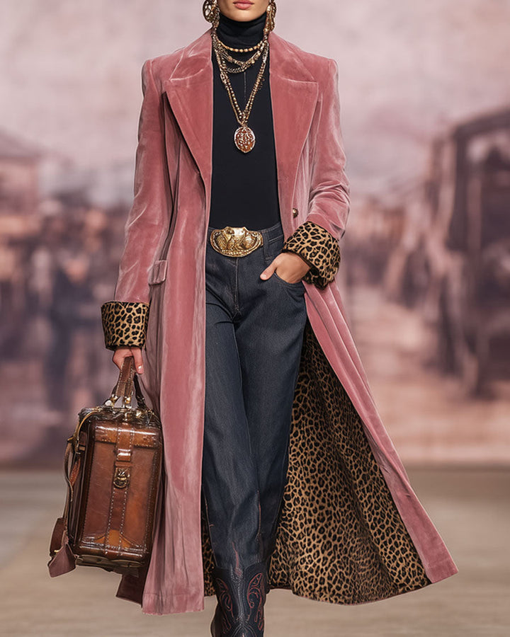 Women’s Long Tailored Coat with Leopard Print Lining