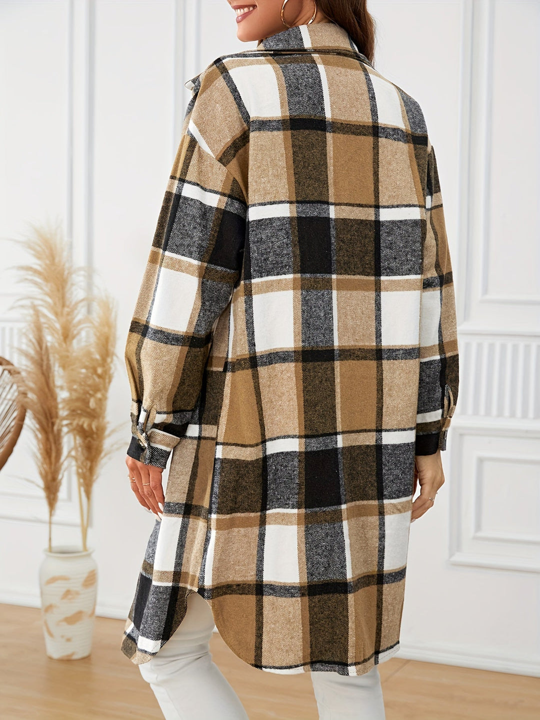 Women's Longline Plaid Button-Front Coat