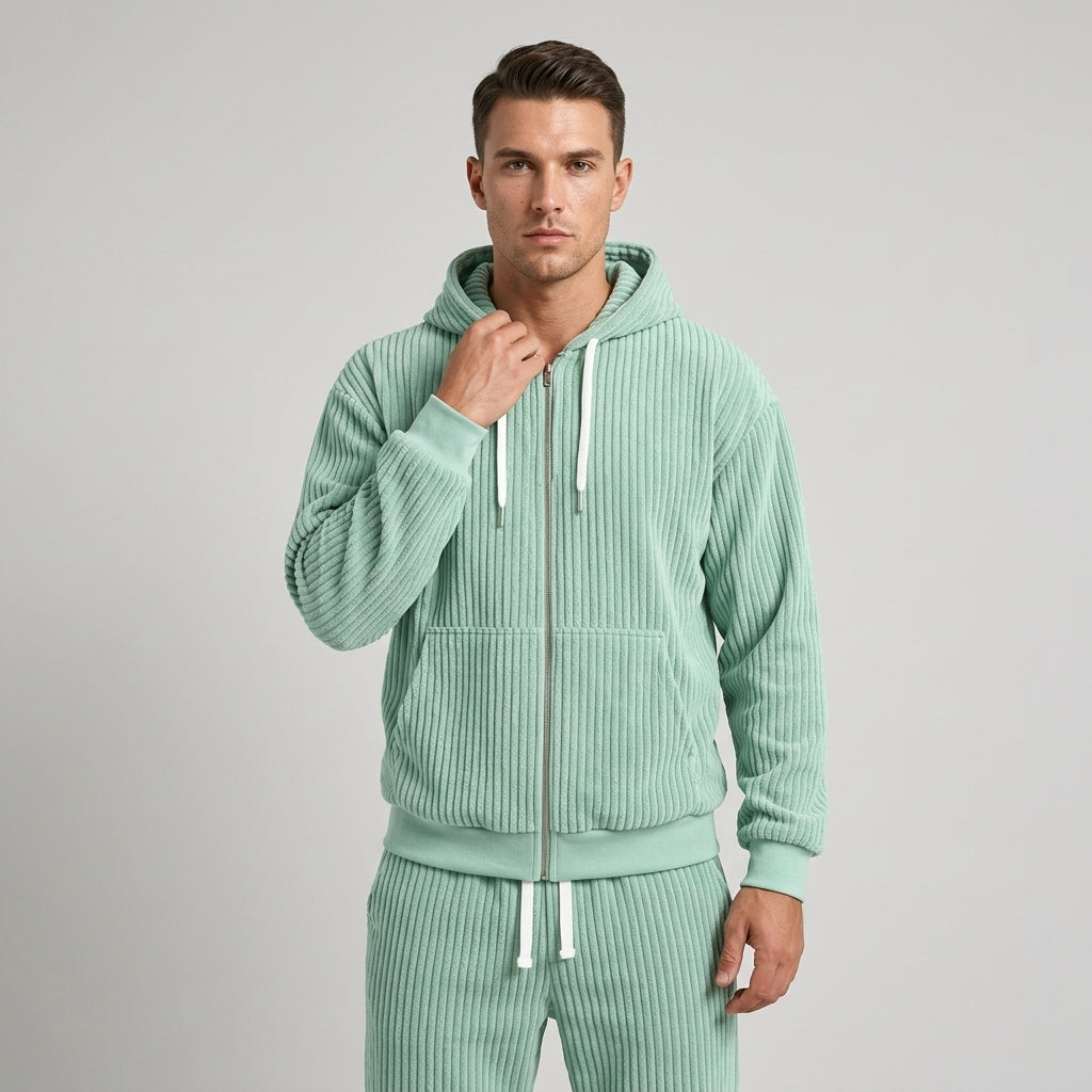 Women's Corduroy Hooded Zip Jacket and Jogger Set - Sea Foam