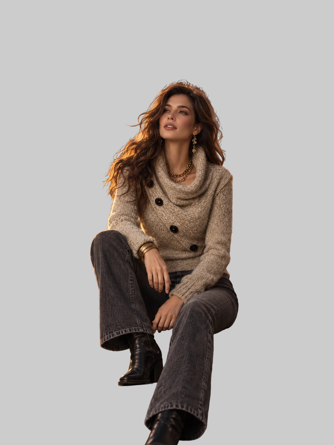 Cowl Neck Knitted Jumper with Asymmetric Button Detail and Relaxed Fit