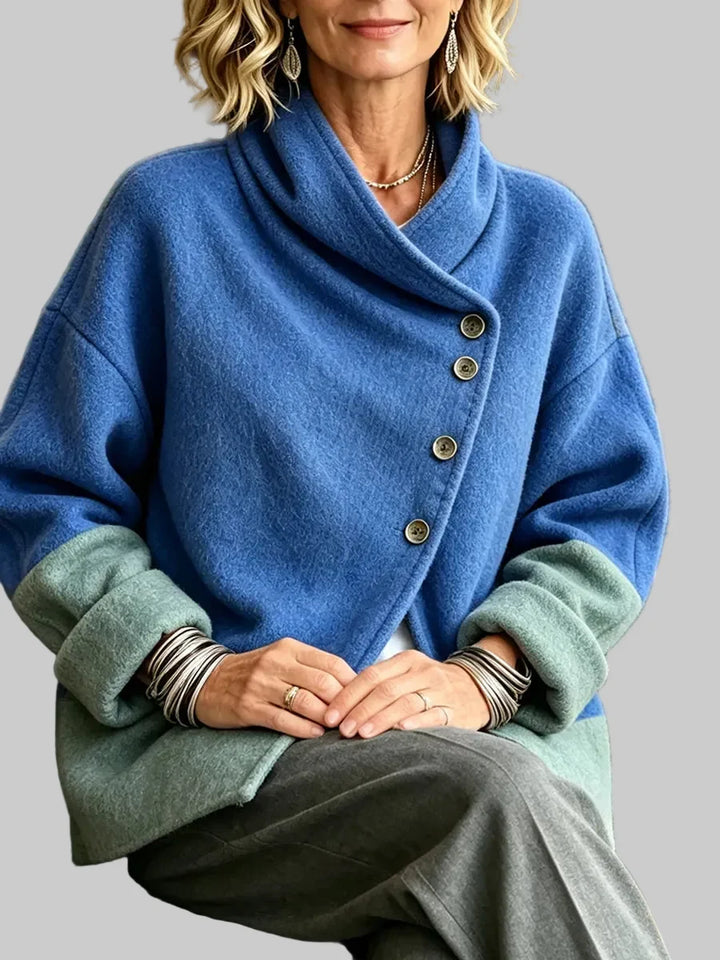 Two-Tone Wool Blend Cardigan Jacket with Asymmetric Buttons