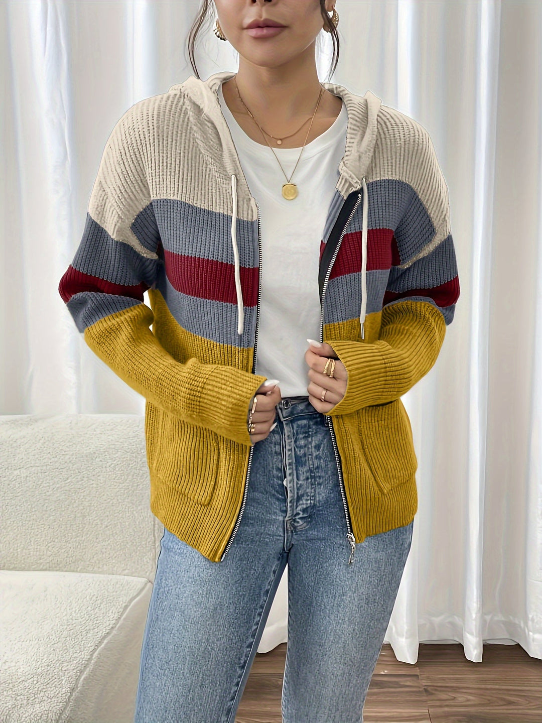 Women's Colour-Block Hooded Zip Cardigan