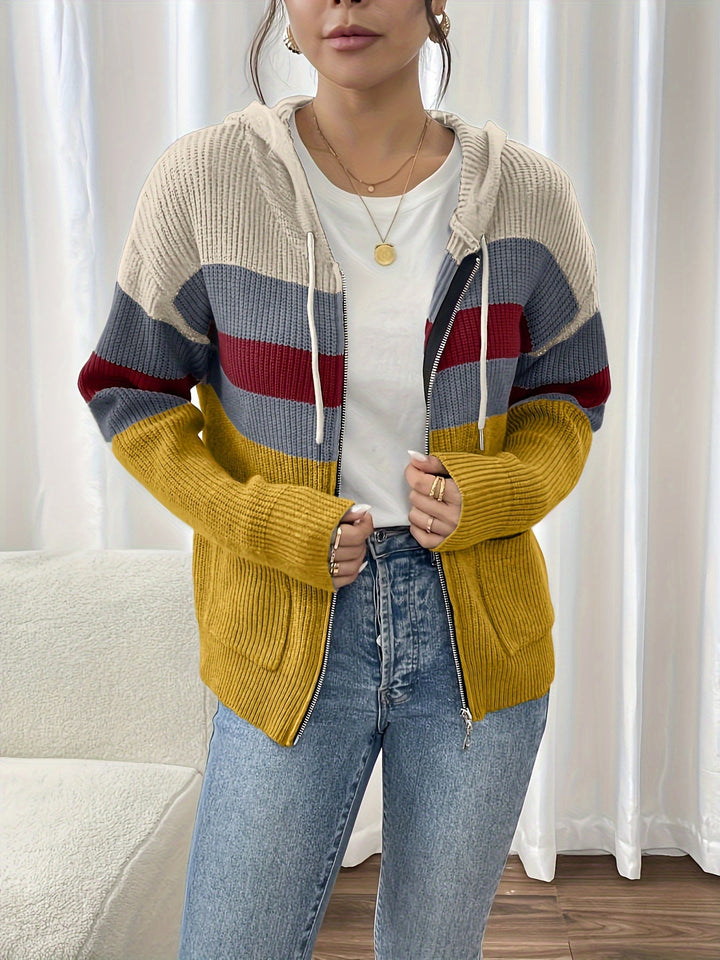 Women's Colour-Block Hooded Zip Cardigan