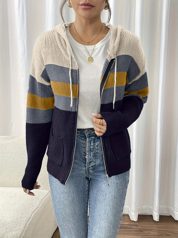 Women's Colour-Block Hooded Zip Cardigan