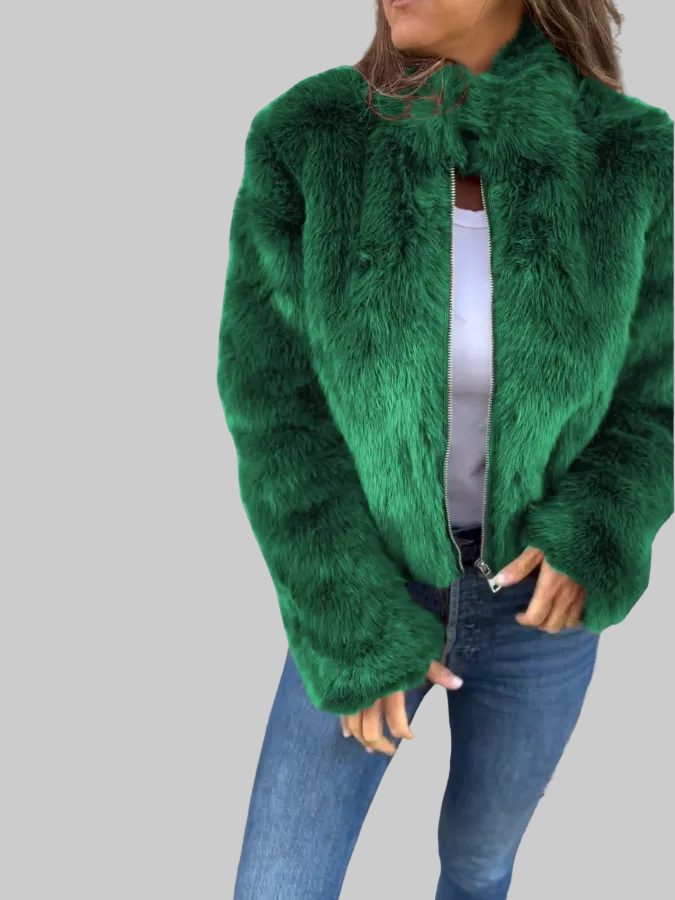 Cropped Plush Zip-Up Jacket with Stand Collar