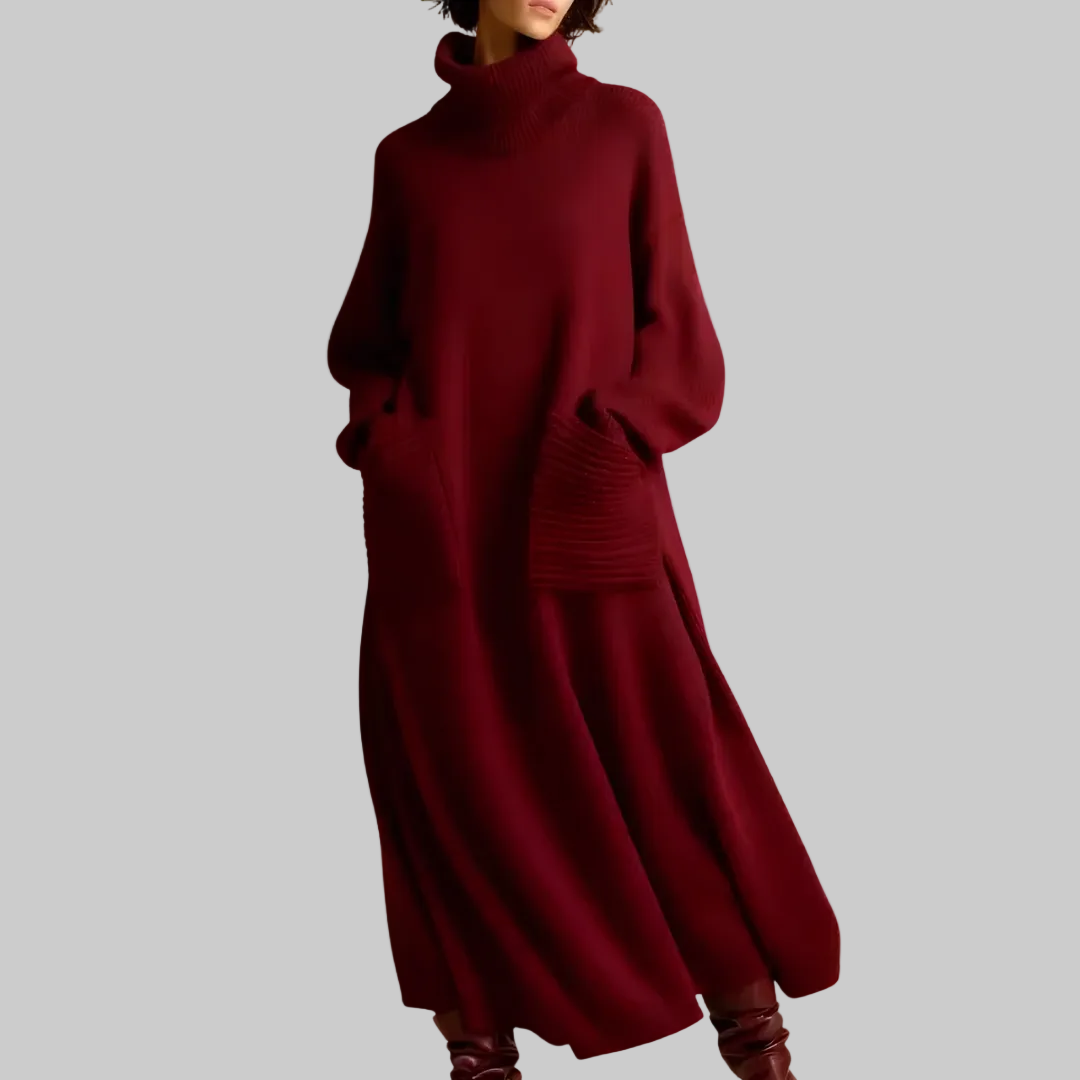 Women's Oversized Knitted Maxi Dress with Roll Neck and Patch Pockets