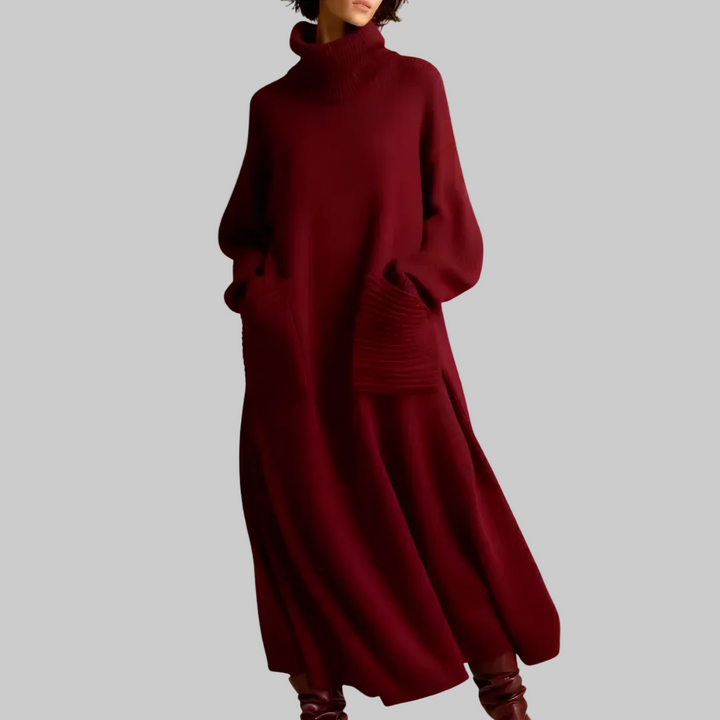 Women's Oversized Knitted Maxi Dress with Roll Neck and Patch Pockets