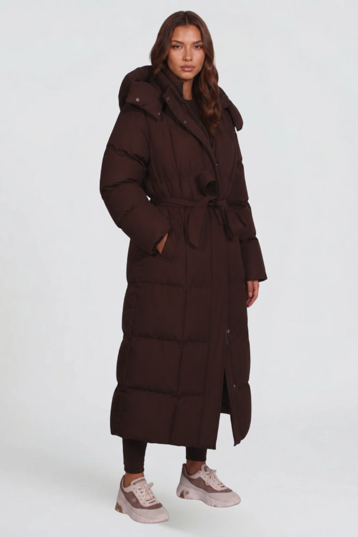 Women's Long Belted Hooded Puffer Coat