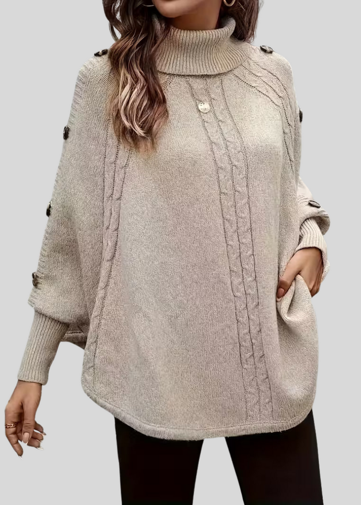 Women's Oversized Cable-Knit High-Neck Jumper - Apricot