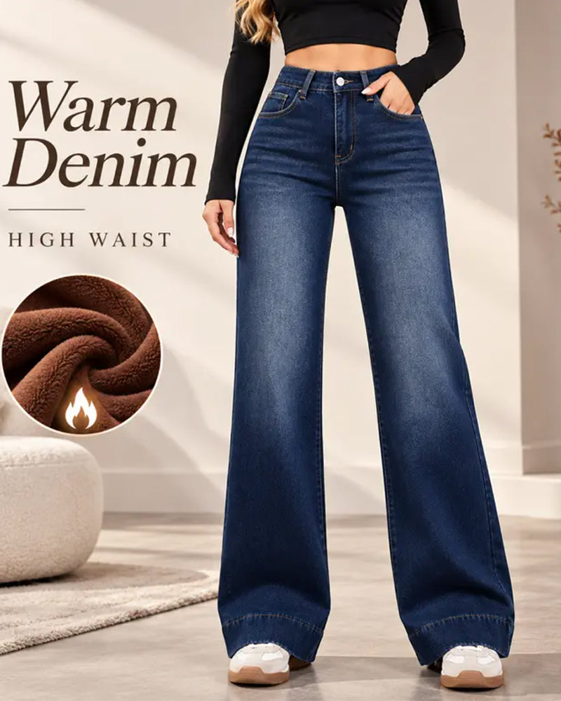 Women's Fleece-Lined Wide-Leg Jeans - Blue