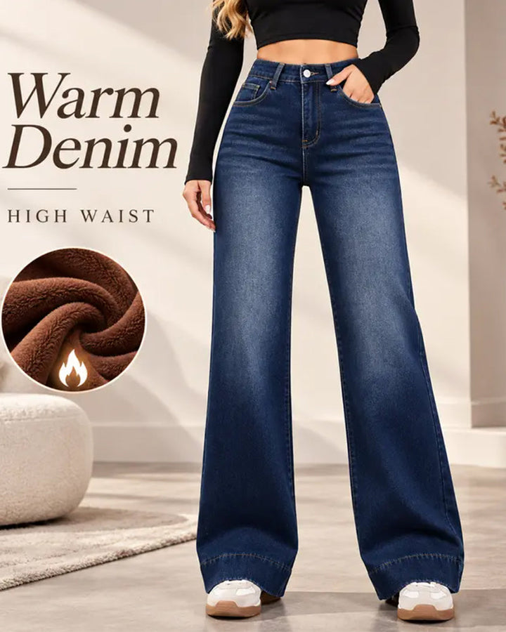 Women's Fleece-Lined Wide-Leg Jeans - Blue