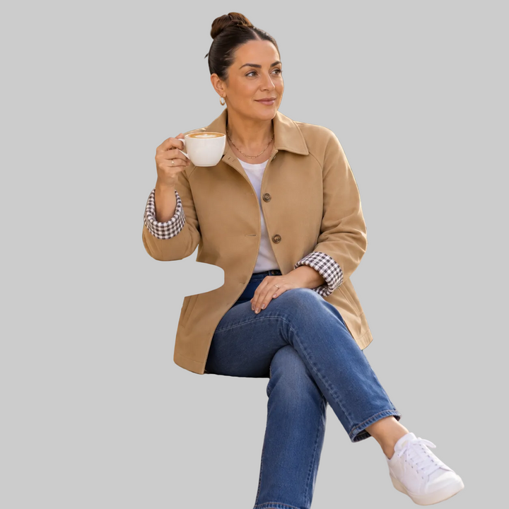 Women's Short Button-Front Coat with Raglan Sleeves and Checked Cuffs