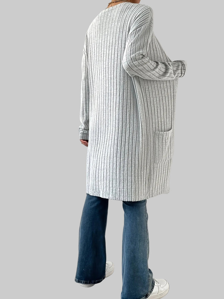 Longline Ribbed Knit Cardigan with Open Front and Pockets