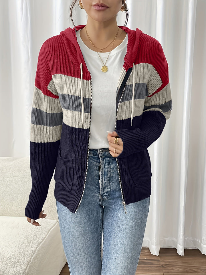 Women's Colour-Block Hooded Zip Cardigan