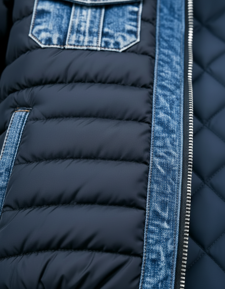 Hybrid Denim and Quilted Jacket with Zip Front and Chest Pockets