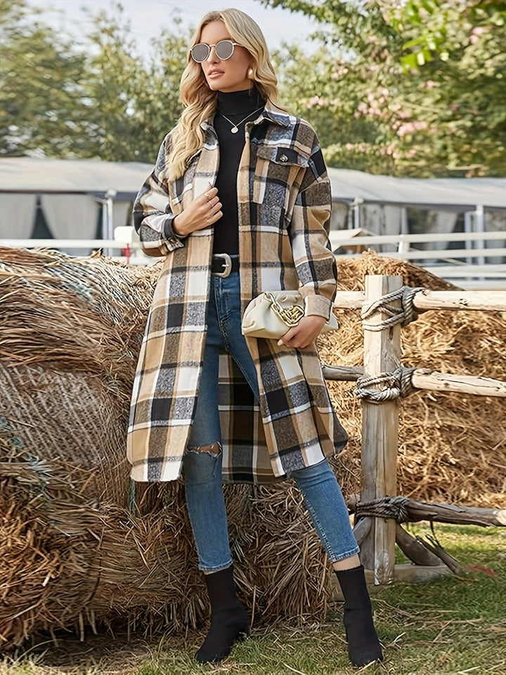 Women's Longline Plaid Button-Front Coat