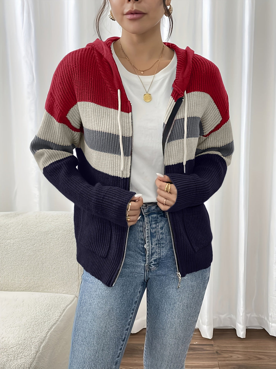 Women's Colour-Block Hooded Zip Cardigan