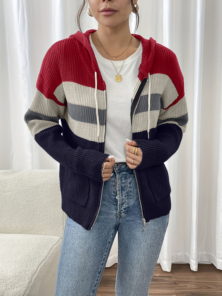 Women's Colour-Block Hooded Zip Cardigan