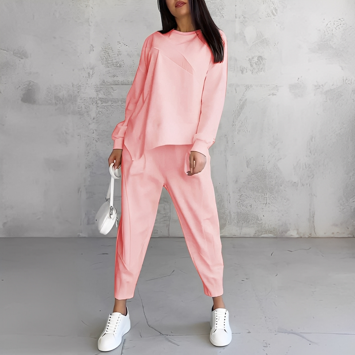 Women's Relaxed Crew-Neck Top and Tapered Trousers Set - Light Pink