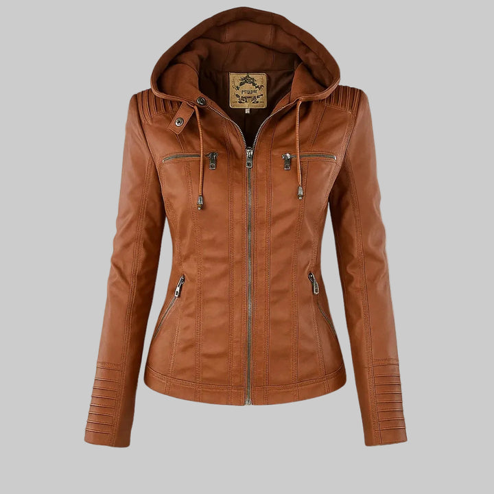 Women's Fitted Leather-Look Jacket with Front Zip and Zipped Pockets