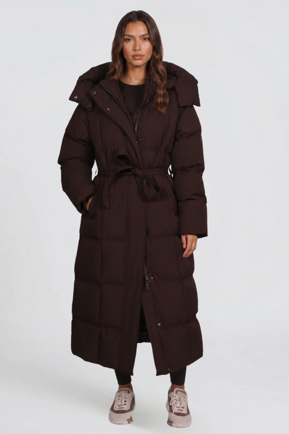 Women's Long Belted Hooded Puffer Coat - Brown