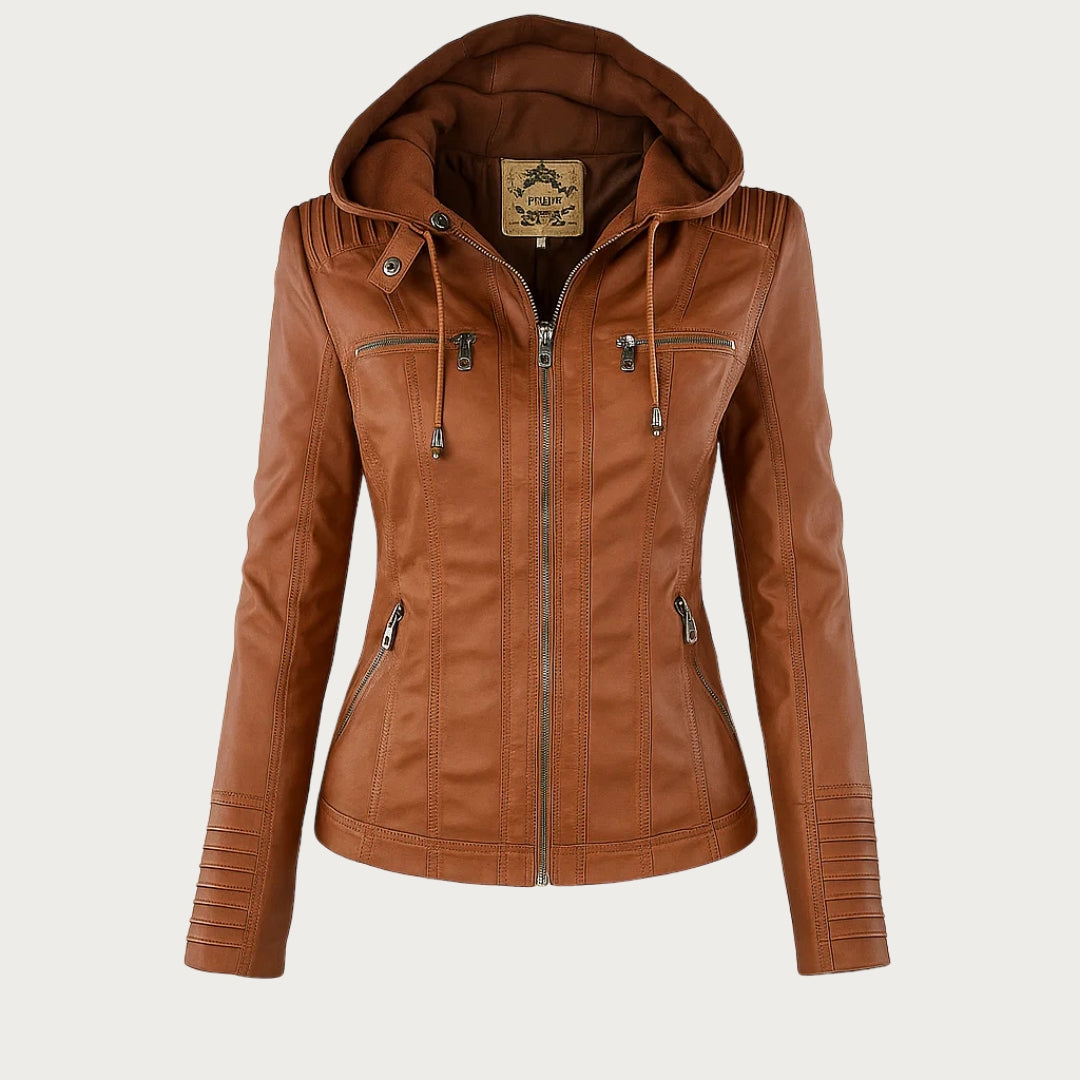 Hooded Biker Jacket with Zipped Pockets and Shaped Waist
