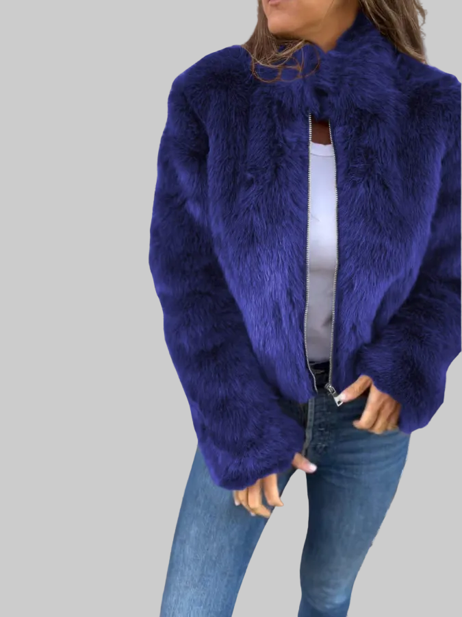 Cropped Plush Zip-Up Jacket with Stand Collar