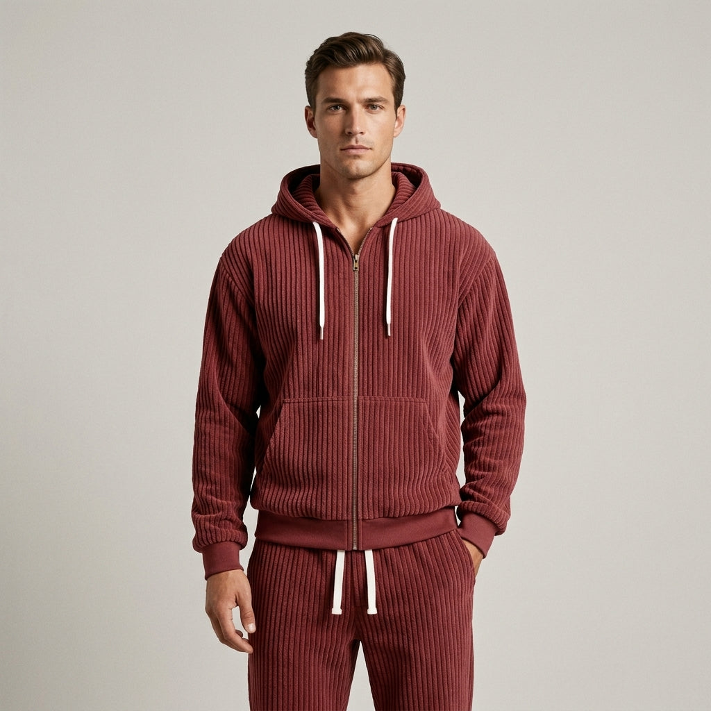 Women's Corduroy Hooded Zip Jacket and Jogger Set - Maroon