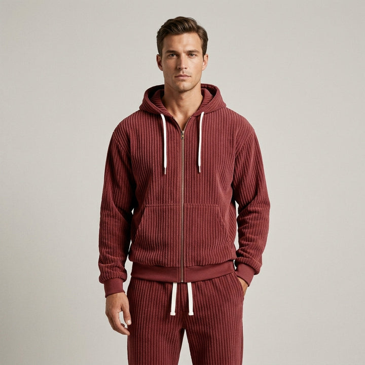 Women's Corduroy Hooded Zip Jacket and Jogger Set - Maroon