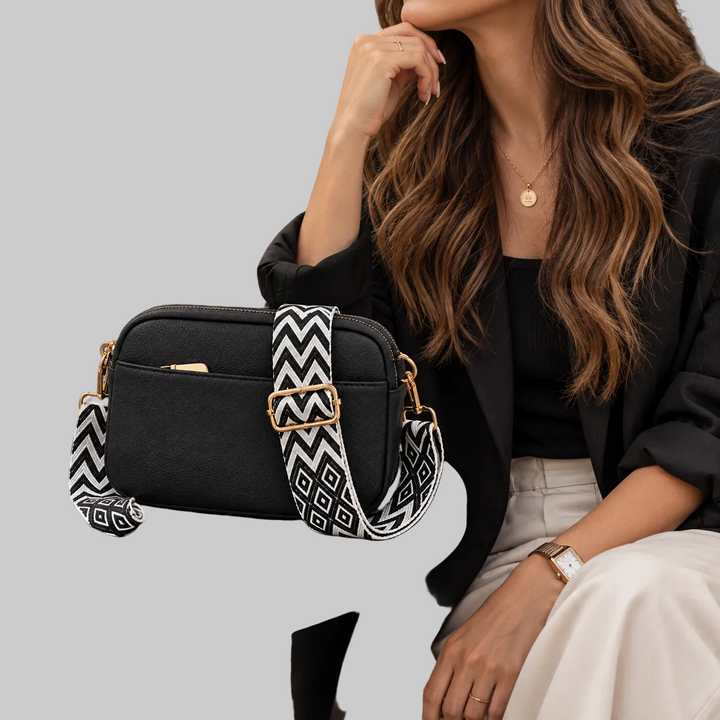 Vegan Leather Crossbody Bag with Wide Patterned Strap
