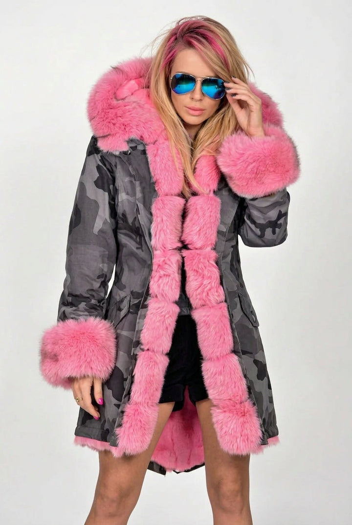 Women's Longline Camouflage Parka with Faux Fur-Trimmed Hood and Cuffs