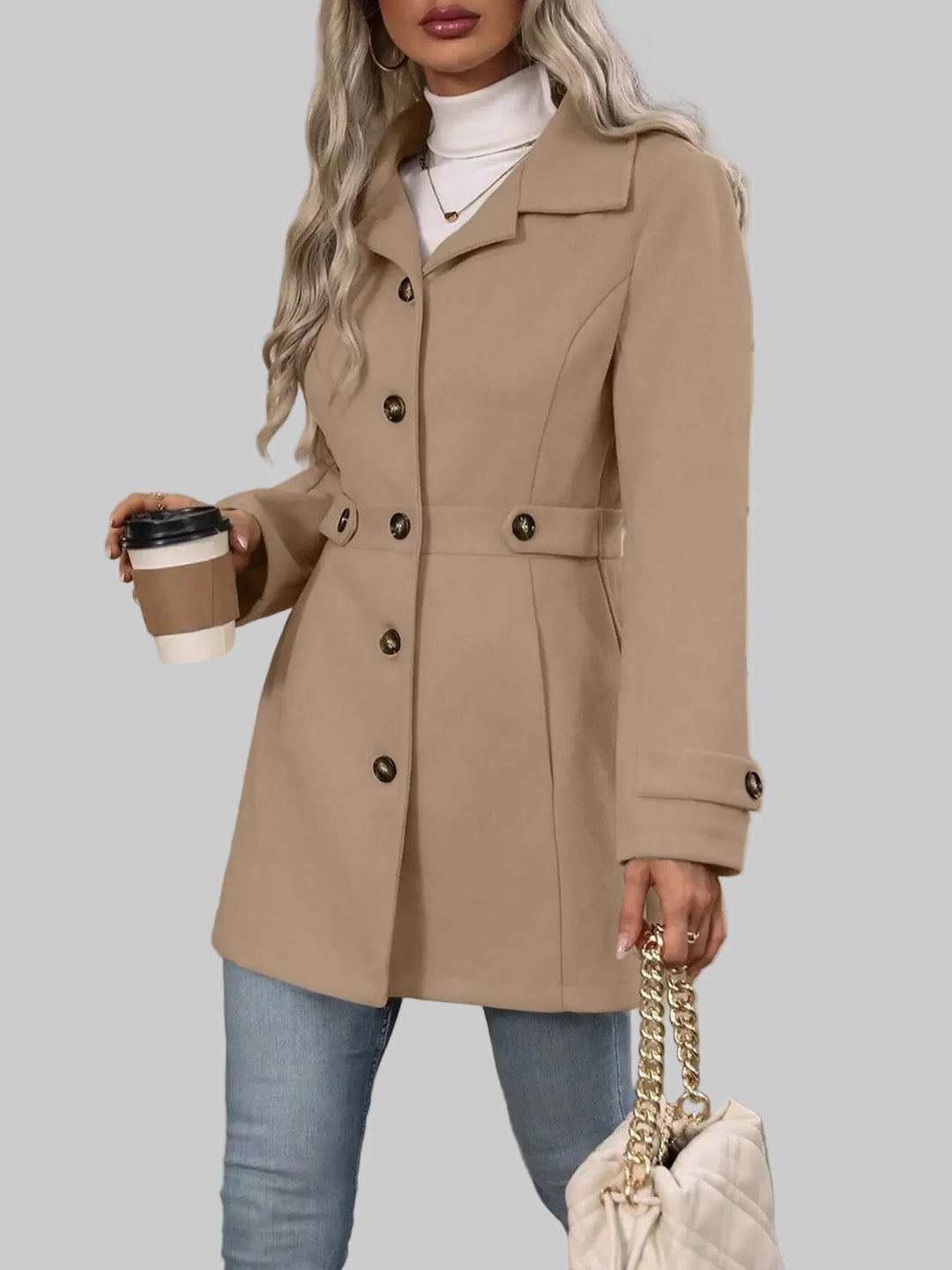 Tailored Button-Front Coat with Belted Waist