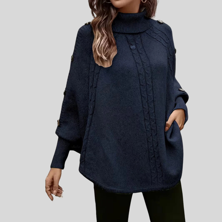 Women's Oversized Cable-Knit High-Neck Jumper - Blue