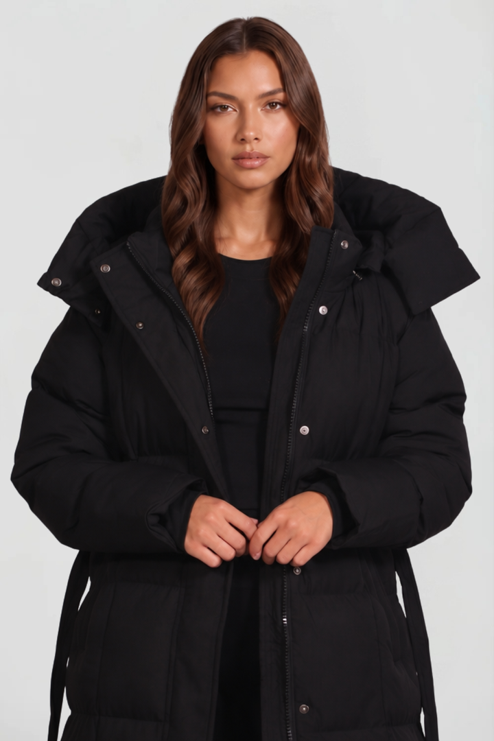 Women's Long Belted Hooded Puffer Coat