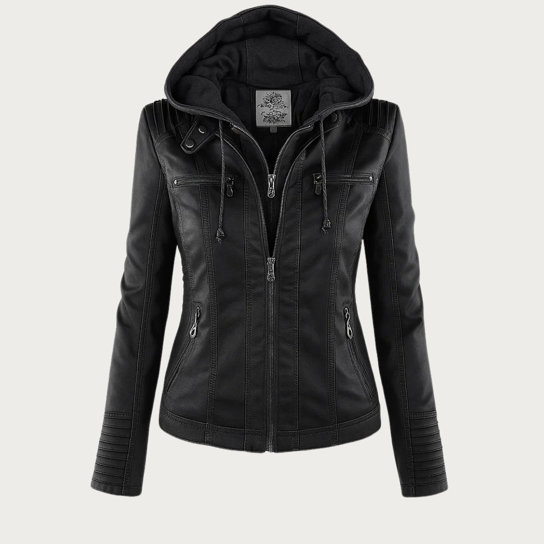Hooded Biker Jacket with Zipped Pockets and Shaped Waist
