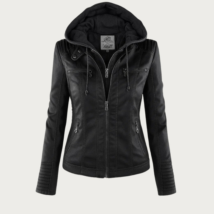 Hooded Biker Jacket with Zipped Pockets and Shaped Waist