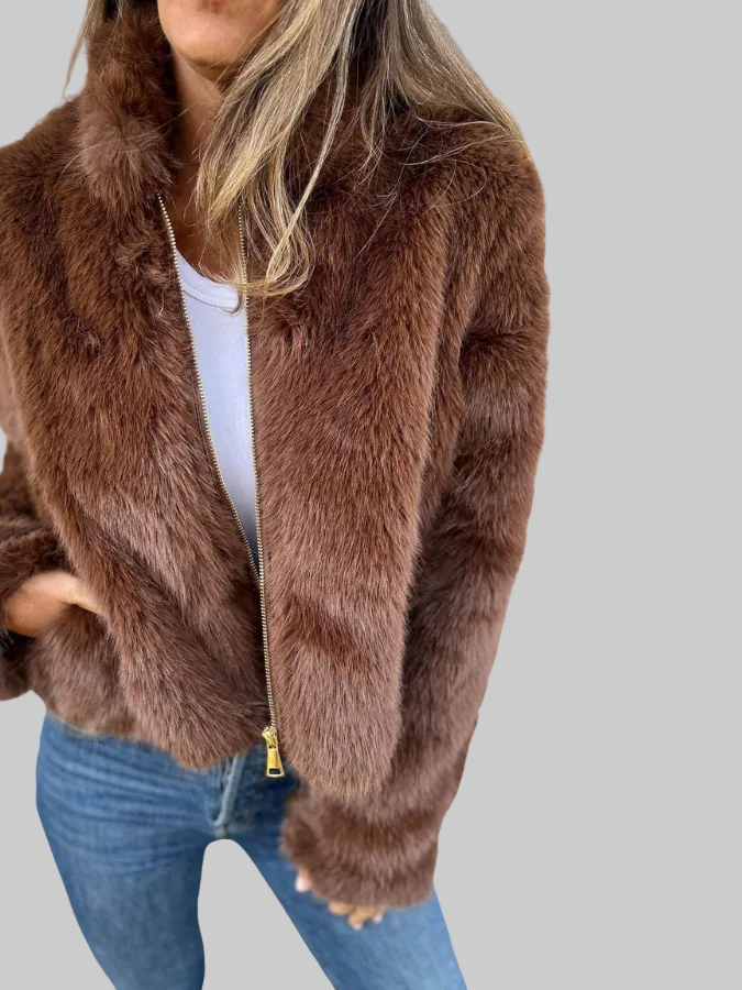 Cropped Plush Zip-Up Jacket with Stand Collar
