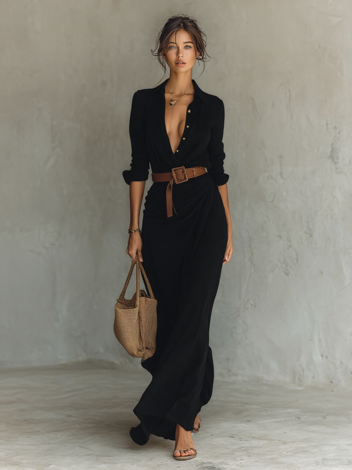 Women’s Belted Long Sleeve Lapel Maxi Dress