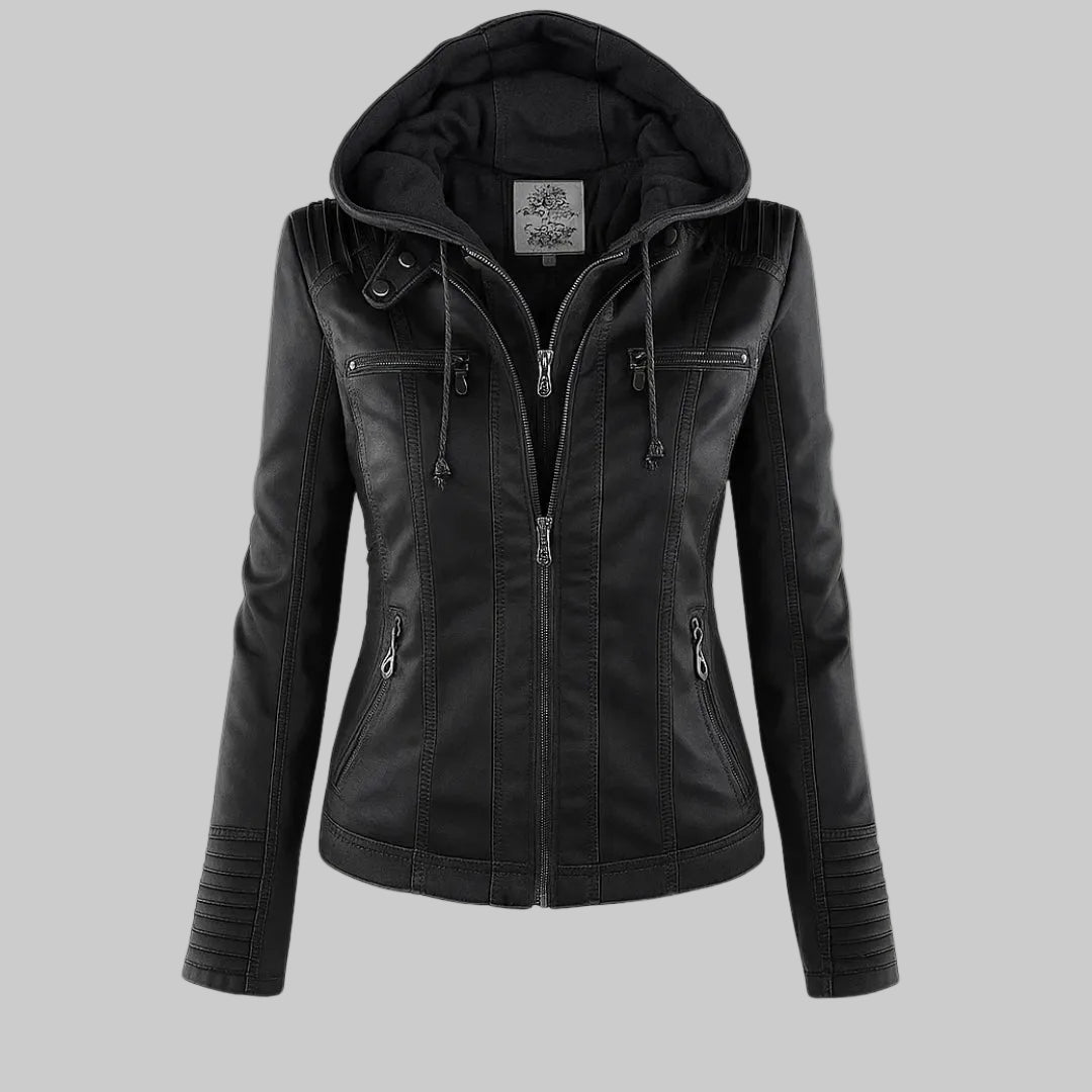 Women's Fitted Leather-Look Jacket with Front Zip and Zipped Pockets